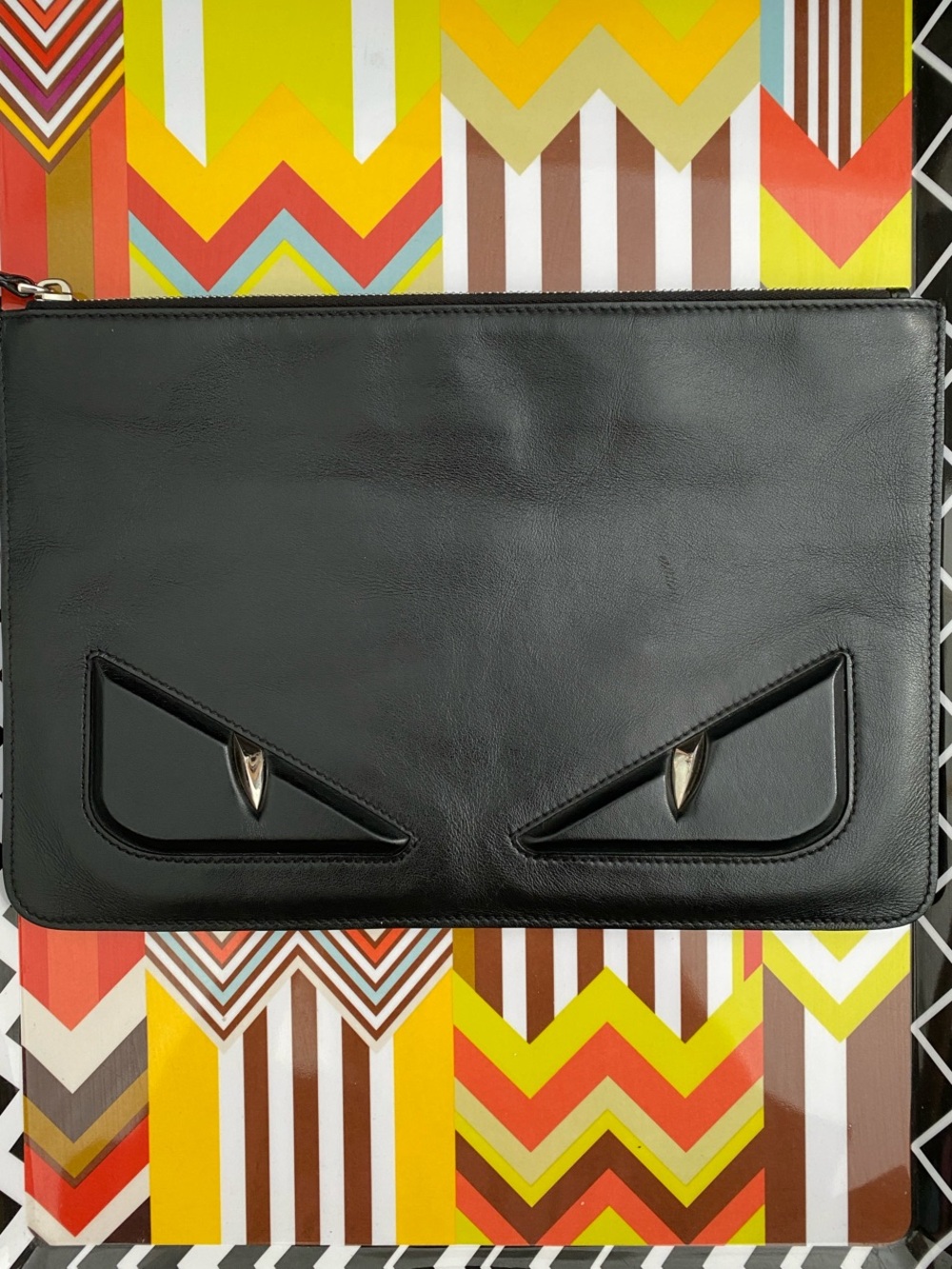 Fendi Black Leather Monster Clutch with Silver Eyes